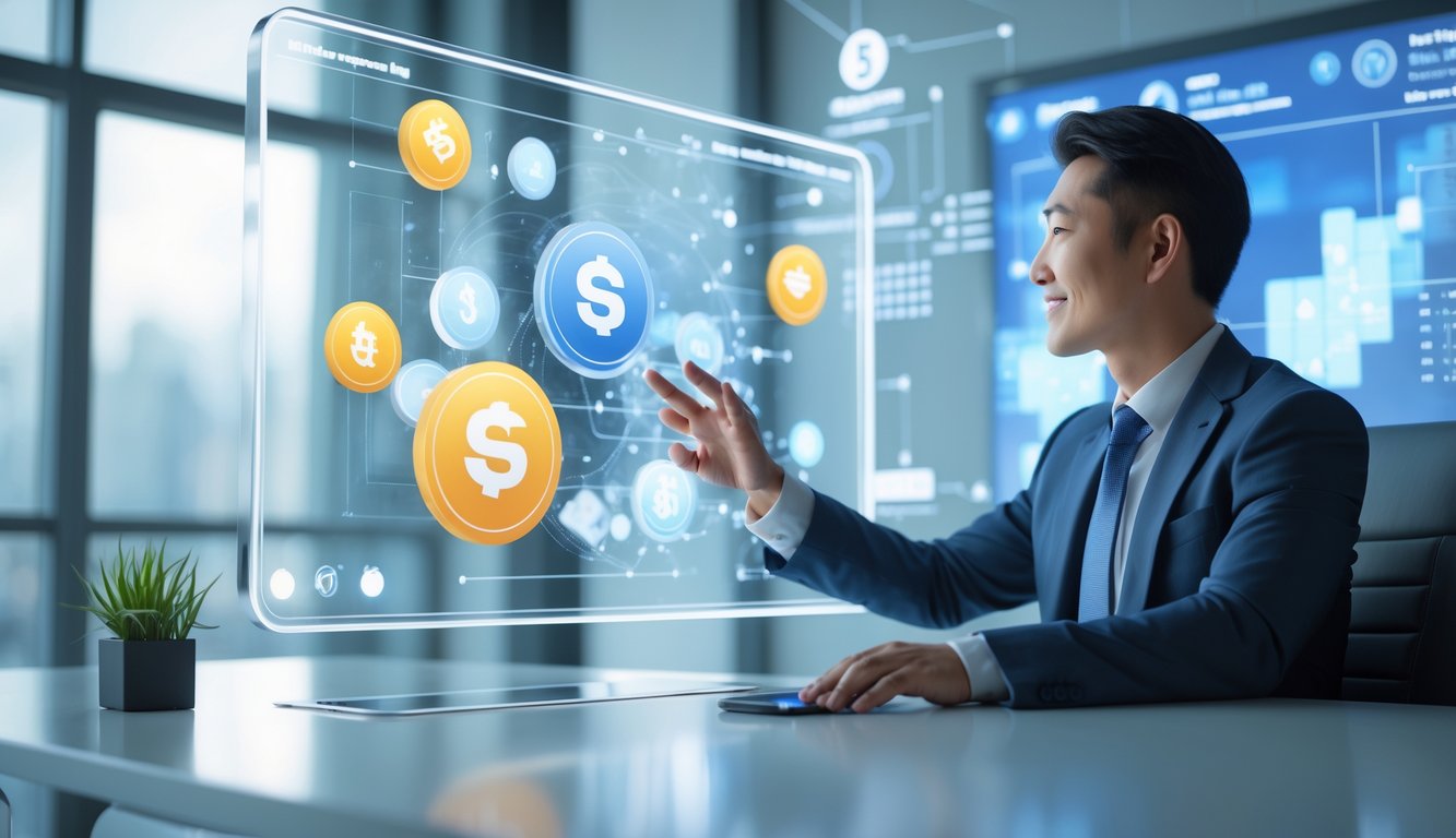 Seorang pria bisnis Asia duduk di meja modern dengan layar sentuh digital yang menampilkan ikon lotere dan grafik di kantor yang terang dan profesional.