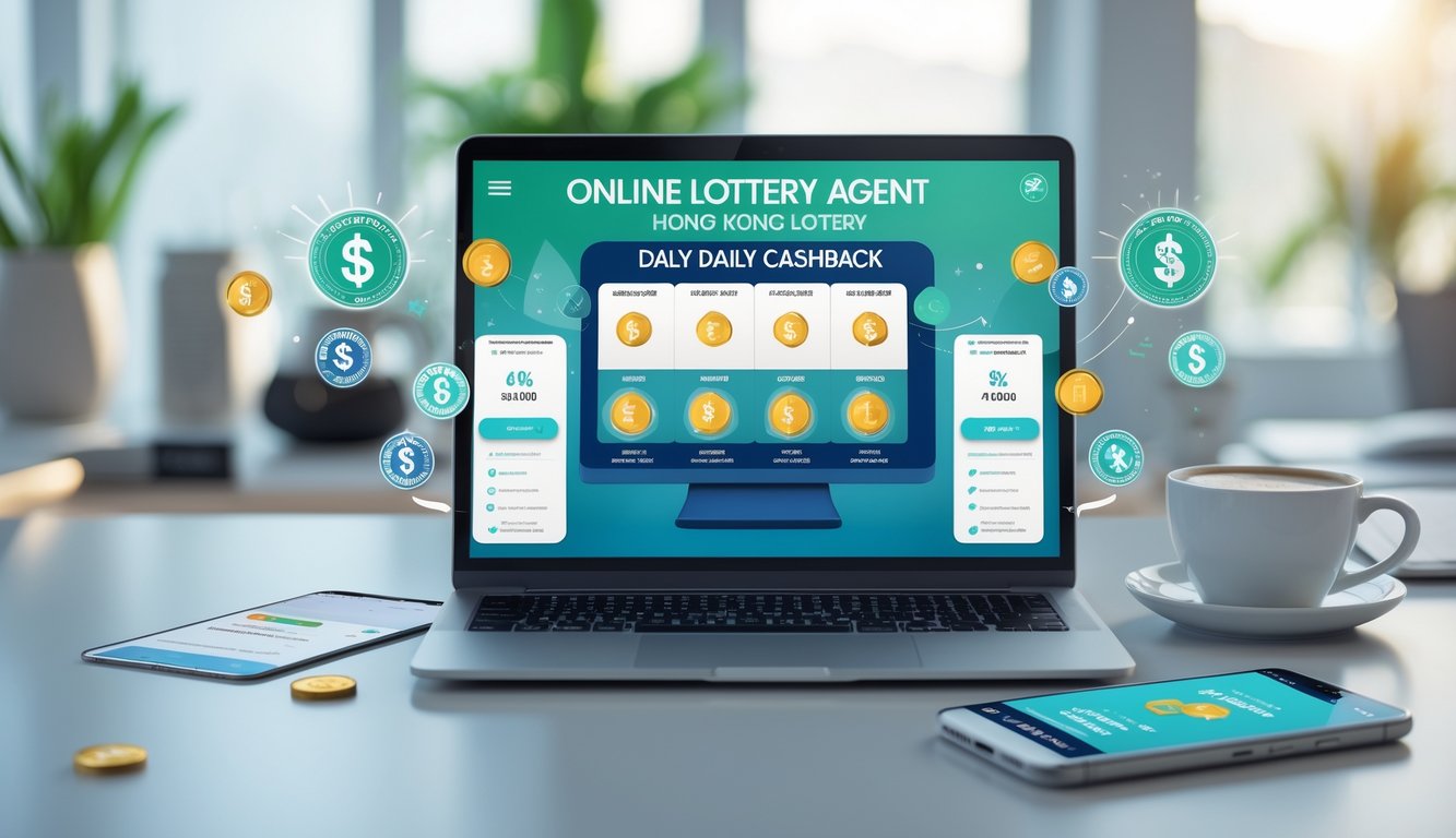 Seorang profesional bekerja di meja dengan laptop yang menampilkan antarmuka tiket lotere digital, di lingkungan kantor yang terang dan rapi.