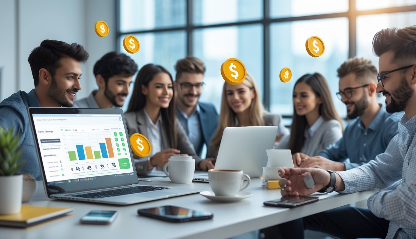 Sekelompok orang muda di kantor modern menggunakan laptop untuk aktivitas togel online dengan suasana profesional dan cerah.