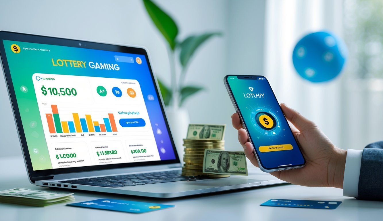 Seseorang menggunakan laptop dan ponsel untuk bermain togel online dengan suasana kerja yang rapi dan terang.