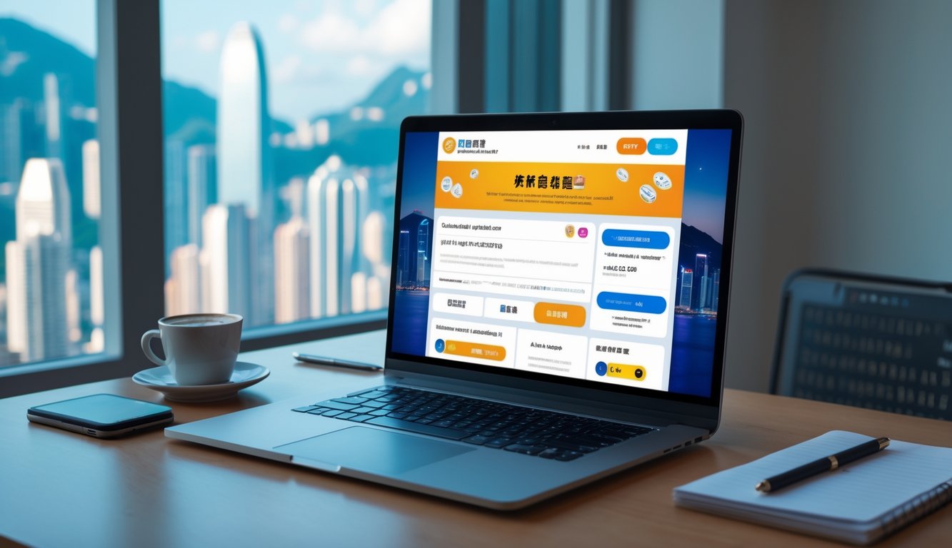 Seorang pria menggunakan laptop di meja kerja dengan tampilan situs togel online dan pemandangan kota Hong Kong di latar belakang.