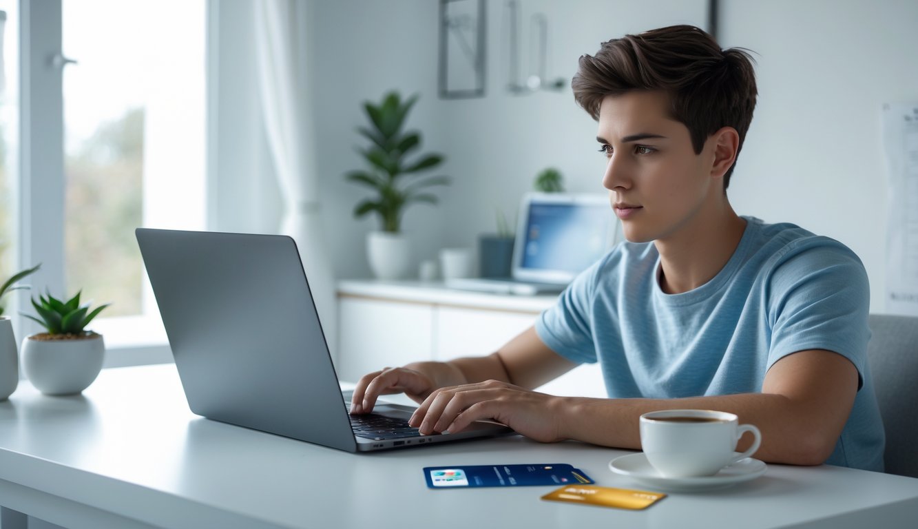 Seorang dewasa muda menggunakan laptop di ruang kerja rumah yang terang dengan ponsel dan kartu kredit di meja.