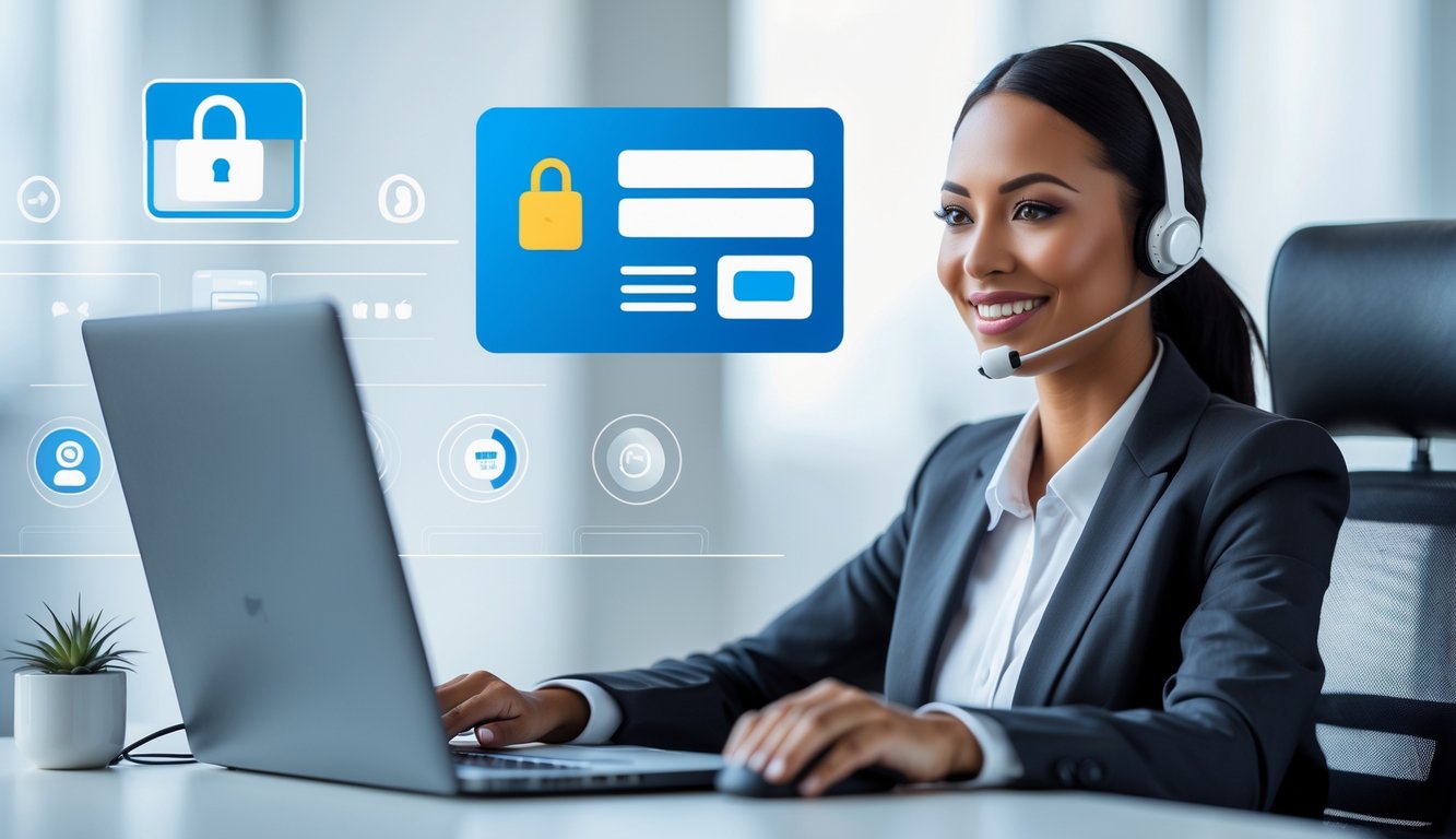 Seorang agen layanan pelanggan yang percaya diri dan ramah duduk di meja kantor modern dengan headset dan komputer, menunjukkan layanan online yang cepat dan aman.