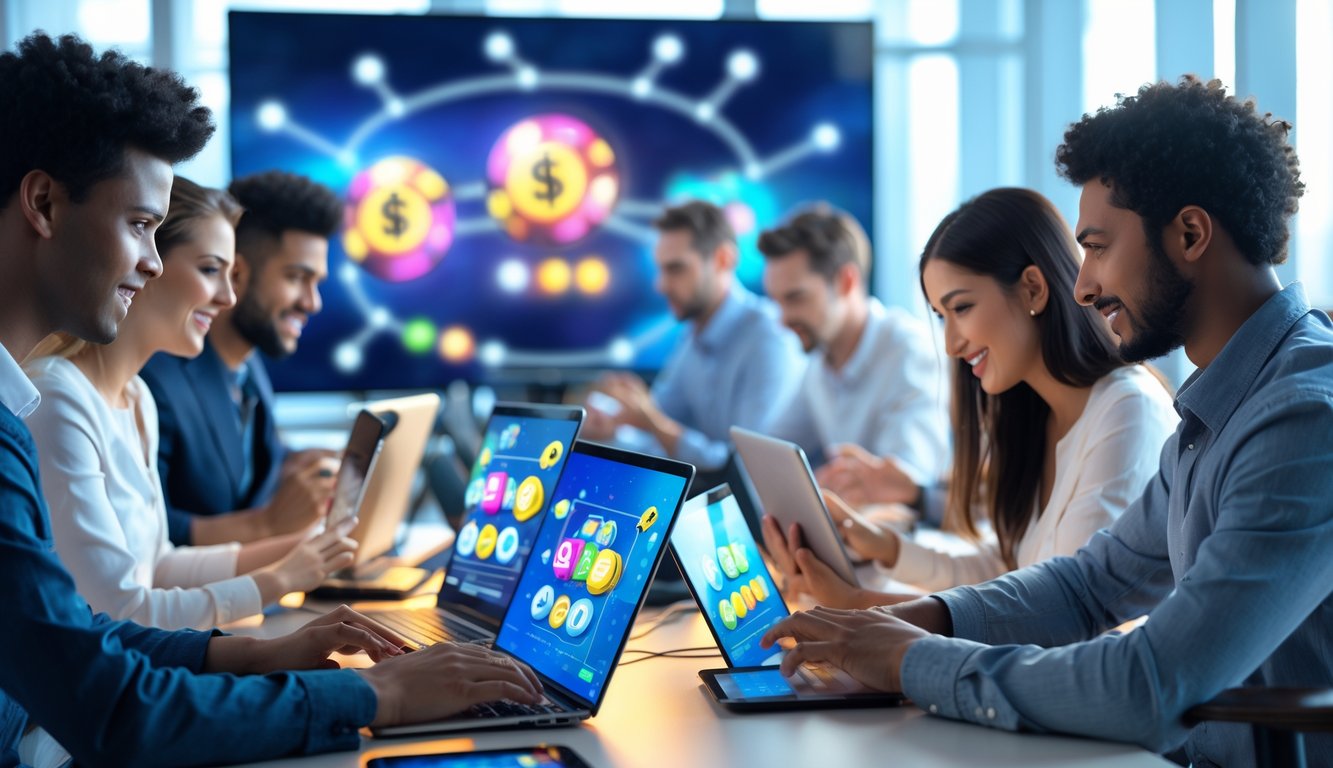 Sekelompok orang muda menggunakan perangkat digital di kantor modern dengan layar besar menampilkan grafik abstrak terkait permainan online.