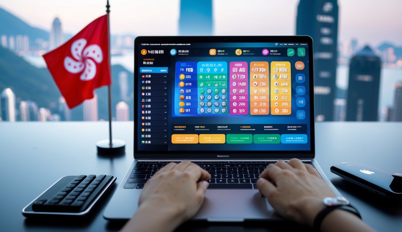 Seorang pengguna sedang mengetik di laptop dengan tampilan antarmuka permainan togel online Hong Kong, di latar belakang terdapat siluet gedung ikonik Hong Kong.