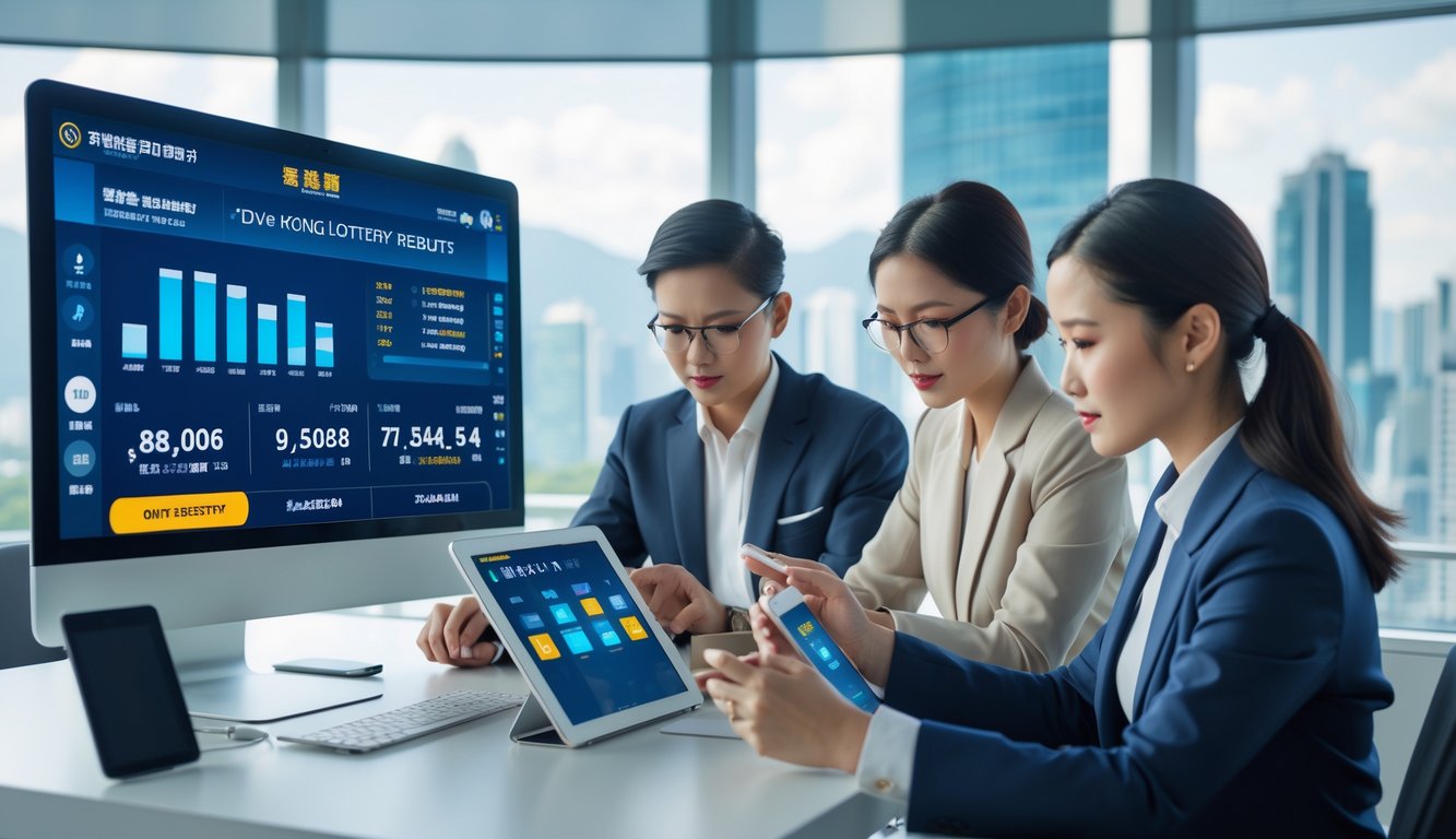 Sekelompok profesional sedang melihat layar komputer yang menampilkan hasil undian togel Hongkong secara langsung di kantor modern.