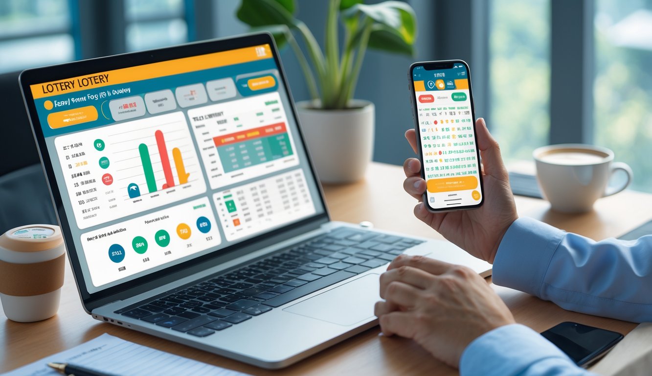 Seseorang menggunakan laptop dan ponsel di meja kerja dengan grafik dan data lotere di layar.
