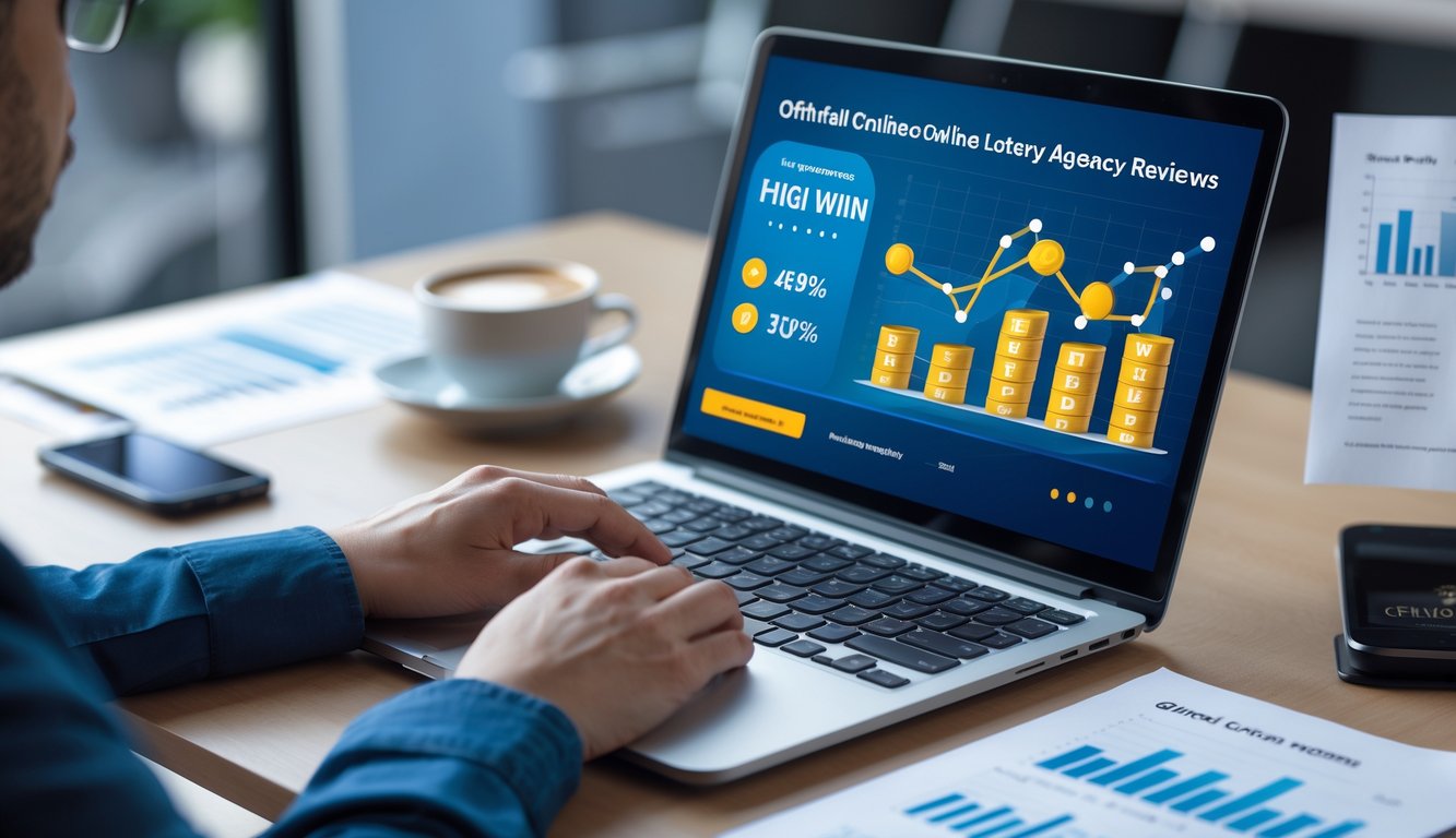 Seorang pria menggunakan laptop di meja kerja dengan layar menampilkan grafik dan statistik, di sekitar ada smartphone dan cangkir kopi.