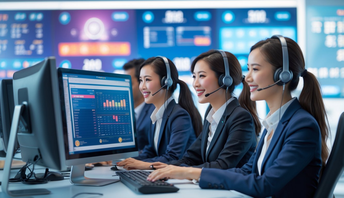 Tim layanan pelanggan yang ramah sedang bekerja di pusat layanan dengan komputer dan headset.