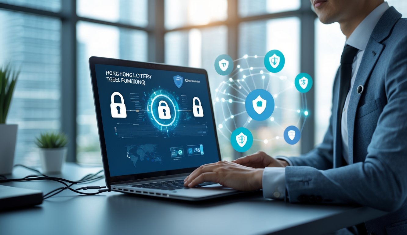 Seorang profesional bekerja di kantor modern dengan laptop yang menampilkan simbol keamanan digital, menggambarkan sistem keamanan terbaik untuk agen togel online Hongkong.