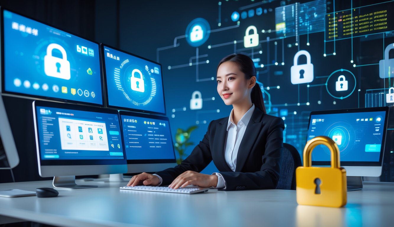 Seorang agen layanan pelanggan duduk di depan komputer dengan tampilan keamanan digital, menunjukkan lingkungan agen togel online yang aman dan terpercaya.