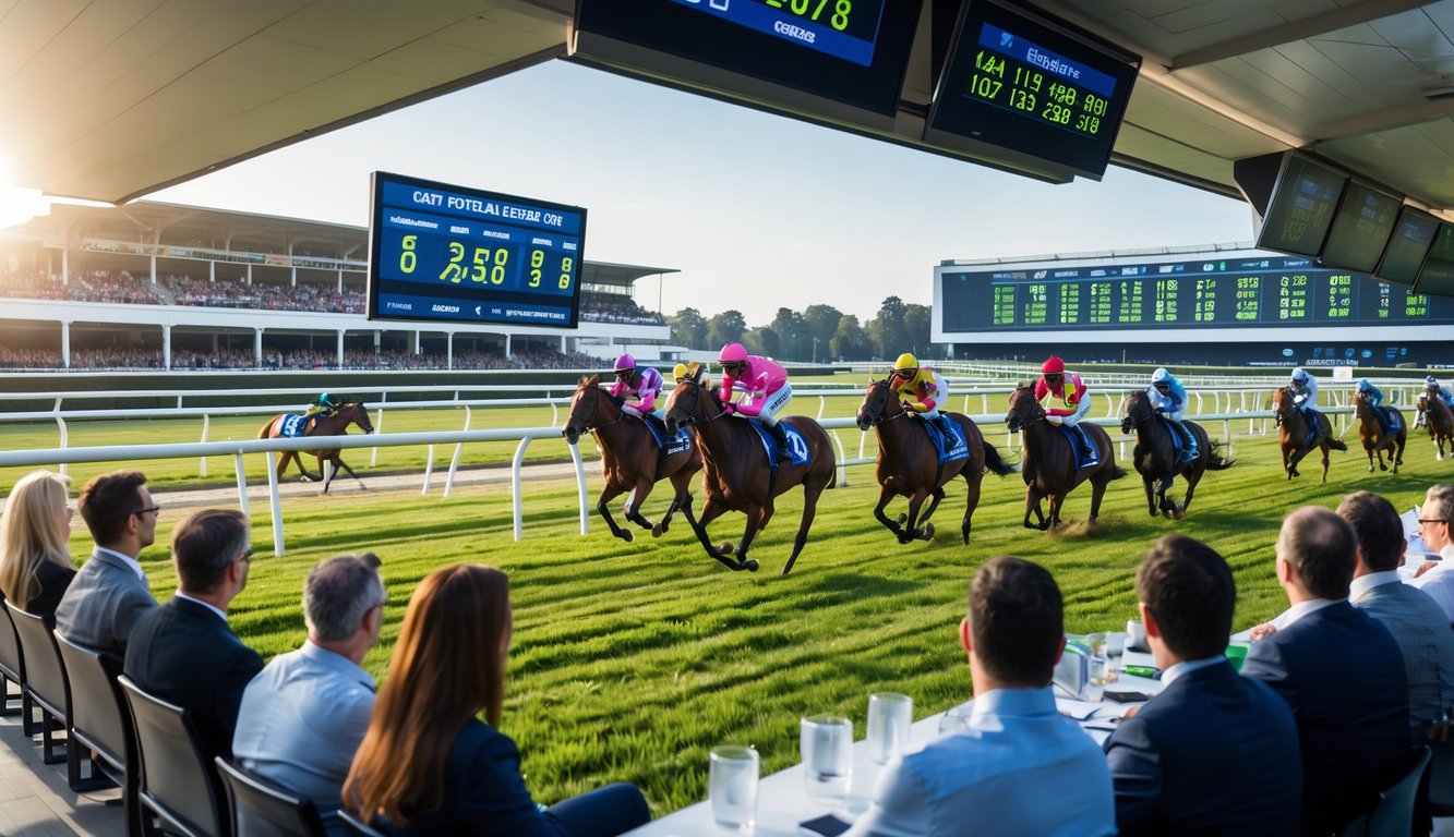 Beberapa kuda pacu berlari di lintasan dengan joki mengenakan pakaian balap warna-warni, penonton menyaksikan dari tribun dan layar digital menampilkan informasi taruhan.