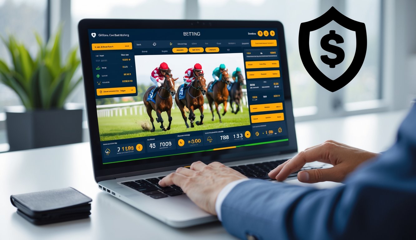 Seseorang menggunakan komputer dengan tampilan balap kuda dan opsi taruhan di layar, menunjukkan aktivitas judi balap kuda online yang terpercaya.