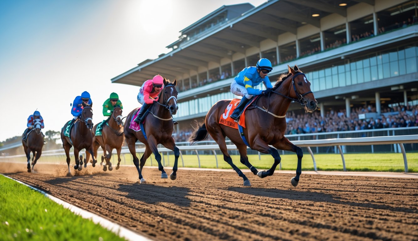 Lomba balap kuda dengan beberapa kuda dan joki sedang berlari di lintasan dengan penonton di tribun latar belakang.