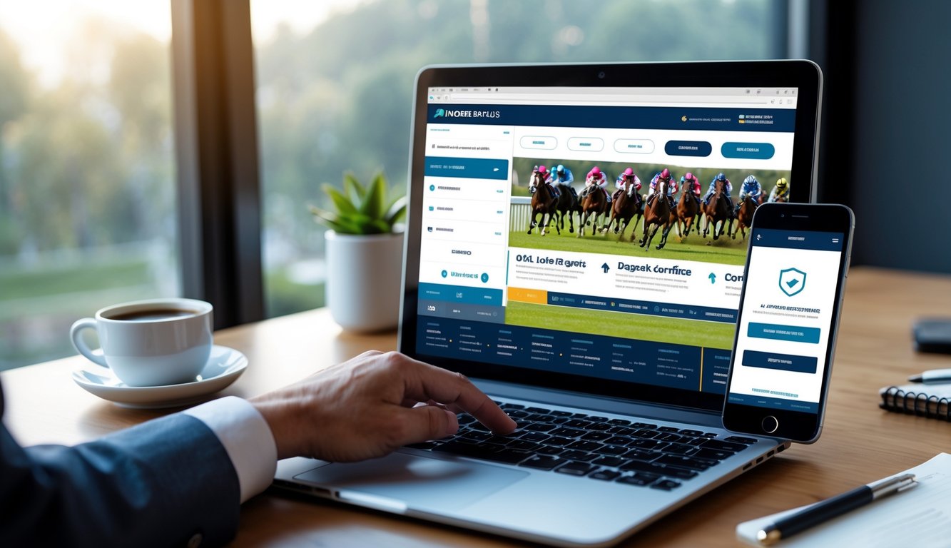 Seorang pria menggunakan laptop dan ponsel untuk memasang taruhan balap kuda secara online di meja kerja yang rapi.
