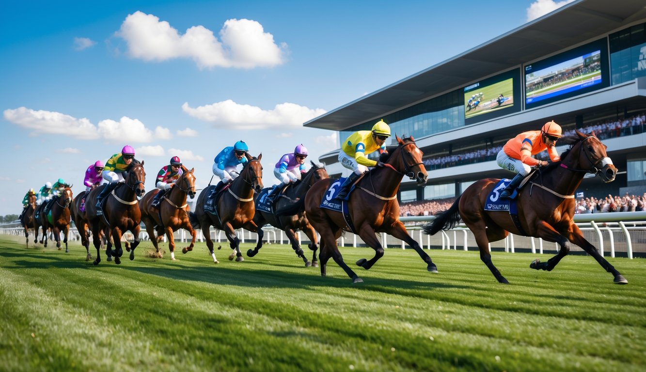 Balapan kuda internasional sedang berlangsung dengan joki menunggang kuda di lintasan hijau dan penonton di tribun.
