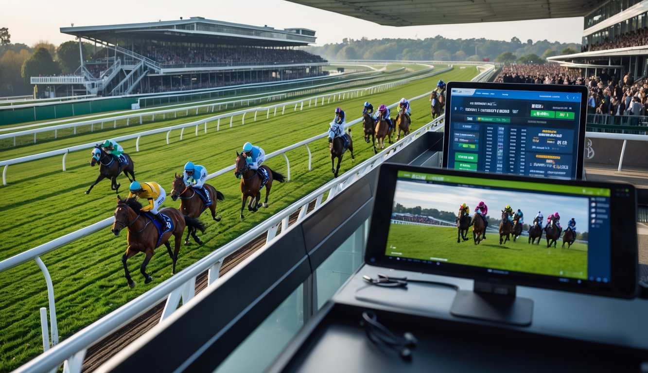 Balapan kuda internasional sedang berlangsung dengan joki menunggangi kuda di lintasan, dan layar digital menampilkan siaran langsung serta informasi taruhan.