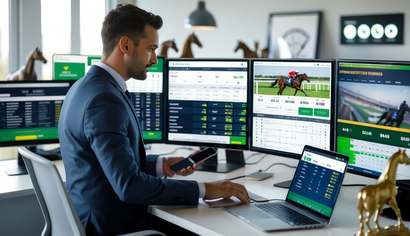 Seorang profesional di ruang kerja modern menggunakan komputer dan ponsel dengan tampilan data dan video balap kuda di layar.