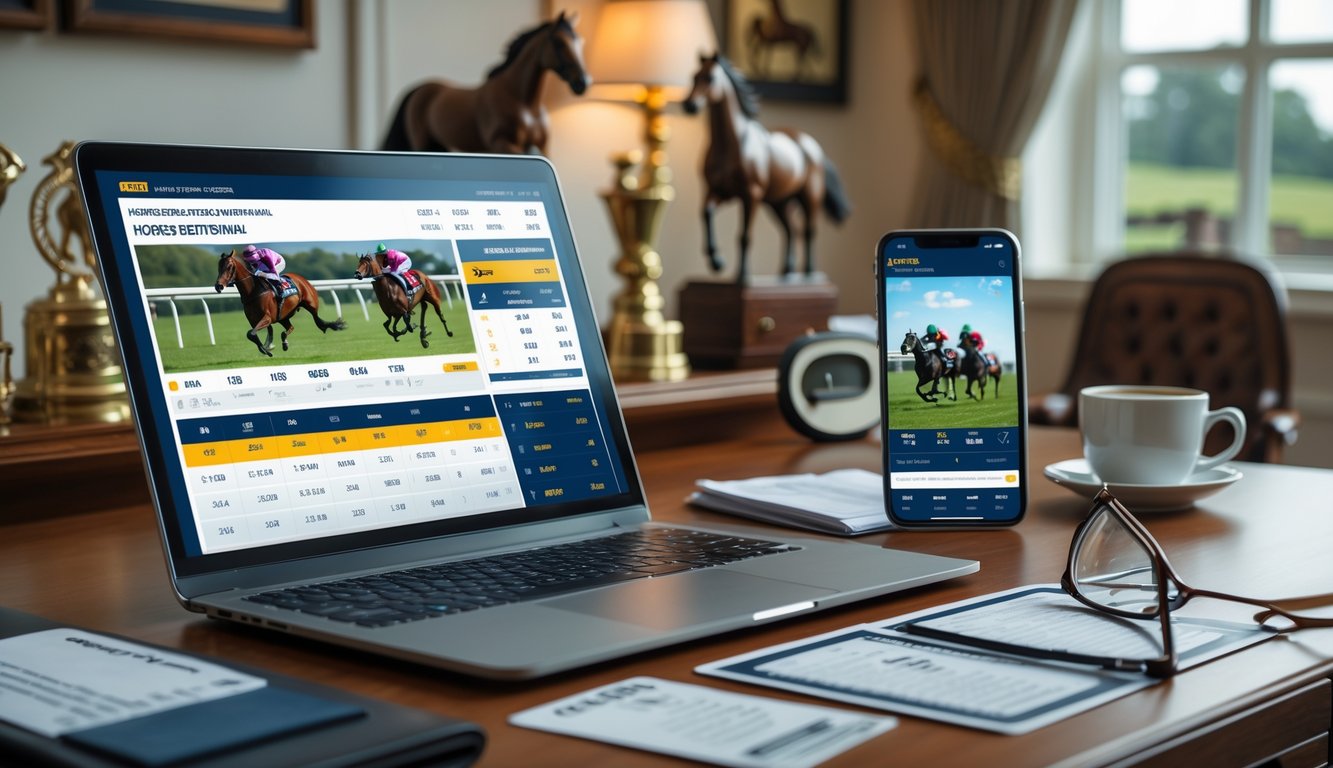 Seseorang menggunakan laptop dan ponsel untuk memasang taruhan balap kuda online di sebuah meja kerja yang rapi dengan dekorasi bertema kuda.
