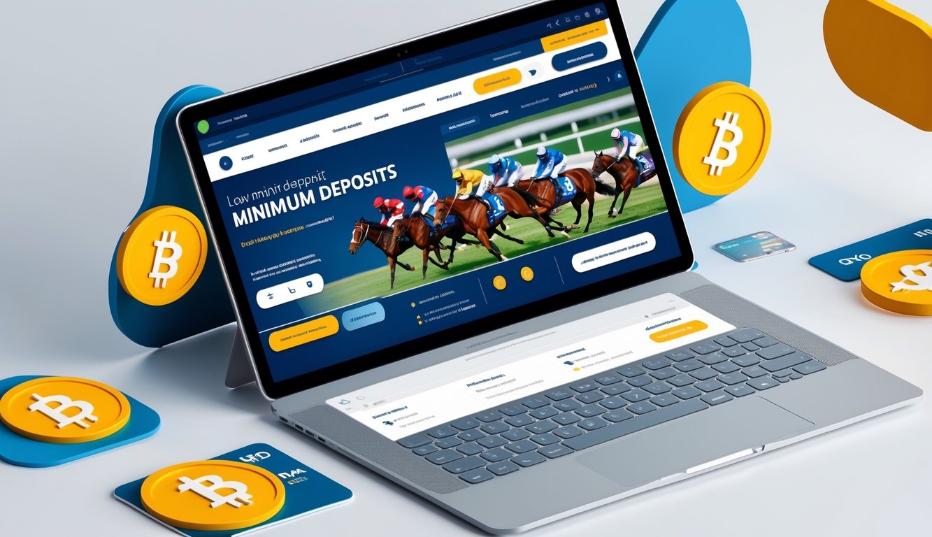 Seseorang menggunakan laptop untuk memasang taruhan balap kuda online dengan tampilan antarmuka situs taruhan dan simbol transaksi digital di sekitarnya.