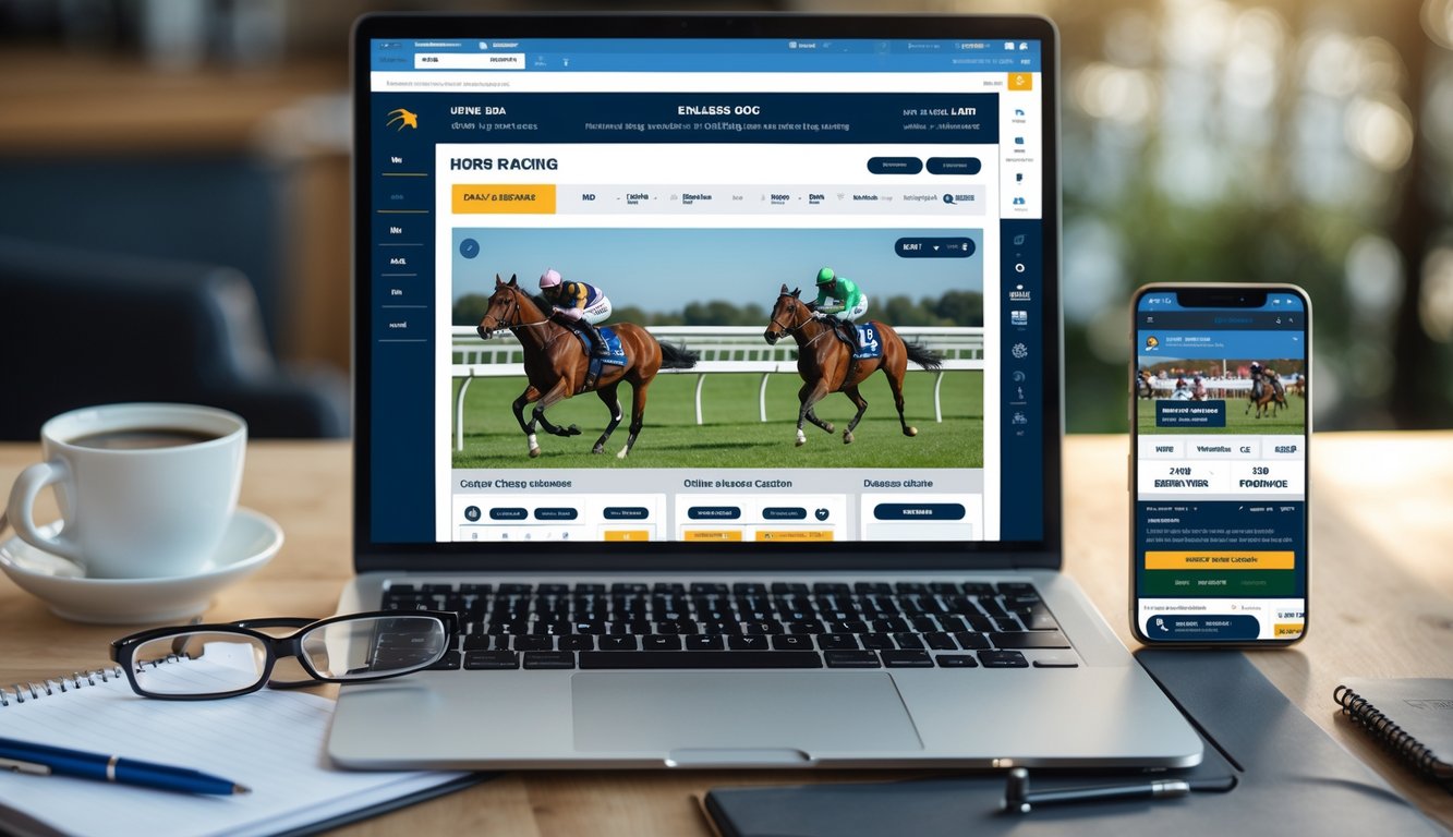 Seorang pengguna sedang melihat situs judi balap kuda online di laptop dan ponsel di atas meja kerja dengan kopi dan alat tulis.