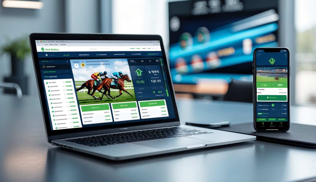 Seorang pengguna sedang menggunakan laptop dan ponsel untuk memasang taruhan balap kuda secara online di meja kerja yang modern.