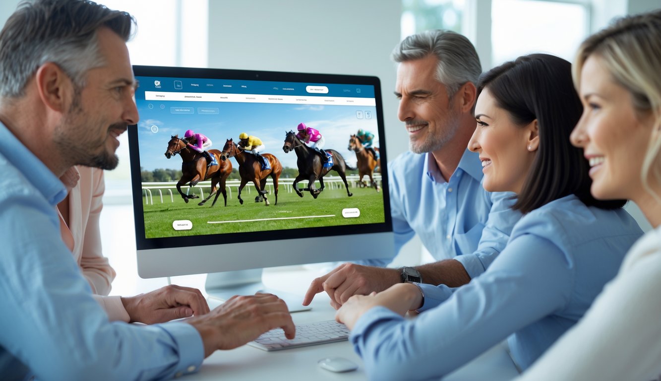 Orang-orang sedang menggunakan komputer untuk memasang taruhan balap kuda online dengan suasana yang serius dan fokus.