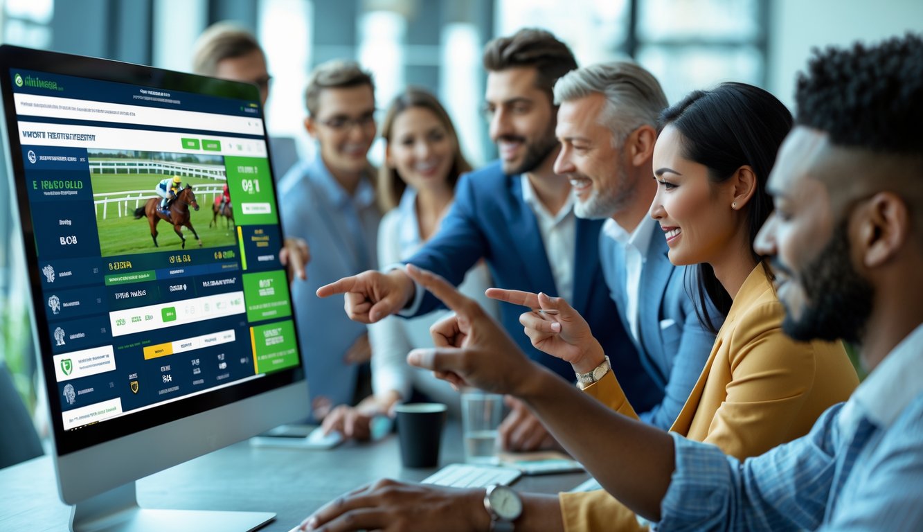 Beberapa orang sedang melihat layar komputer yang menampilkan taruhan balap kuda online dalam suasana ruangan modern.