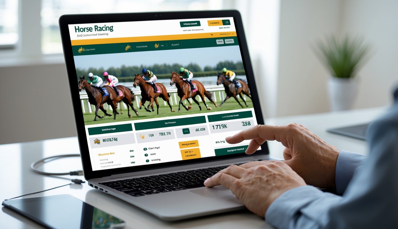 Seseorang menggunakan laptop untuk mendaftar taruhan balap kuda secara online di lingkungan yang rapi dan terang.