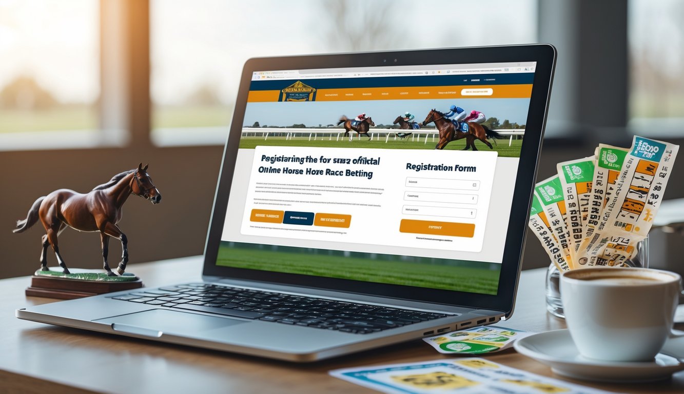 Sebuah meja kerja modern dengan laptop yang menampilkan halaman pendaftaran judi balap kuda online, dikelilingi oleh miniatur kuda, tiket balapan, dan secangkir kopi.