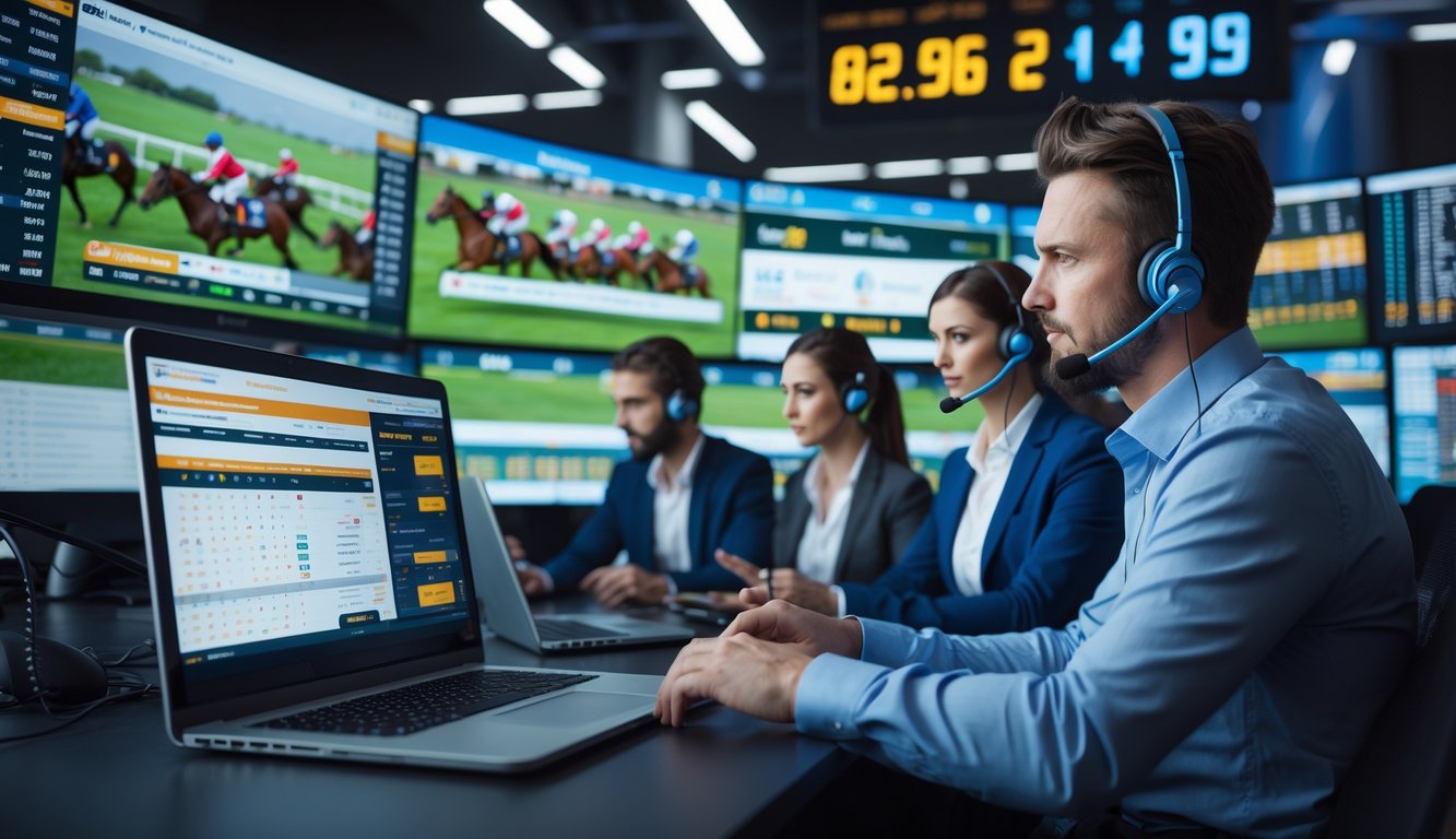 Orang-orang bekerja di ruang modern dengan layar digital menampilkan balap kuda dan aktivitas layanan pelanggan online.