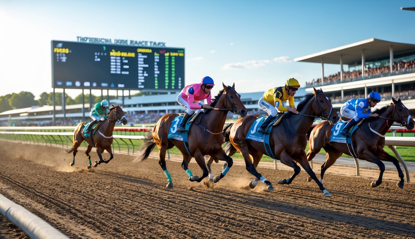 Adegan balap kuda dengan beberapa kuda dan joki berlari di lintasan dengan penonton di latar belakang.