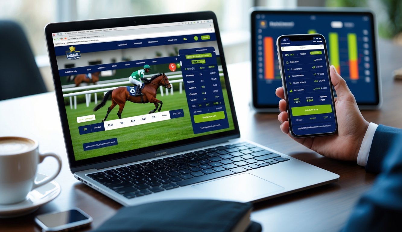 Seorang pengguna sedang melihat situs judi balap kuda online di laptop dan ponsel di meja kerja yang rapi dengan pencahayaan alami.