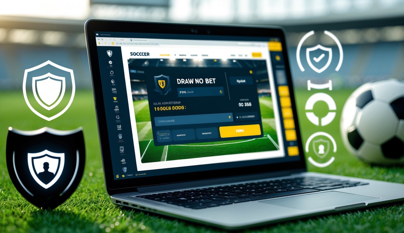 Seorang pengguna membuka situs taruhan bola online di laptop dengan tampilan opsi taruhan tanpa seri dan simbol keamanan di sekitar meja kerja.