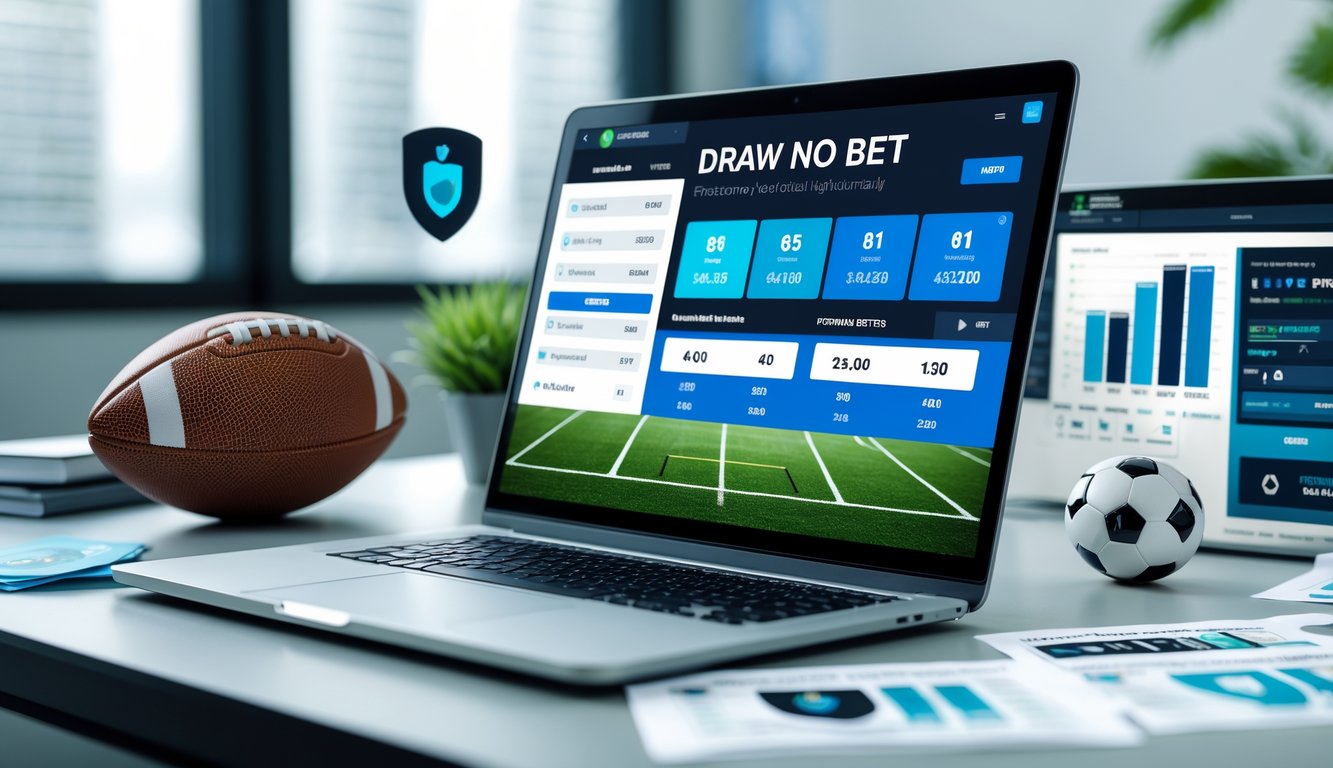 Seorang pengguna sedang melihat situs taruhan bola online di laptop dengan bola sepak dan grafik peluang di meja kerja yang rapi.