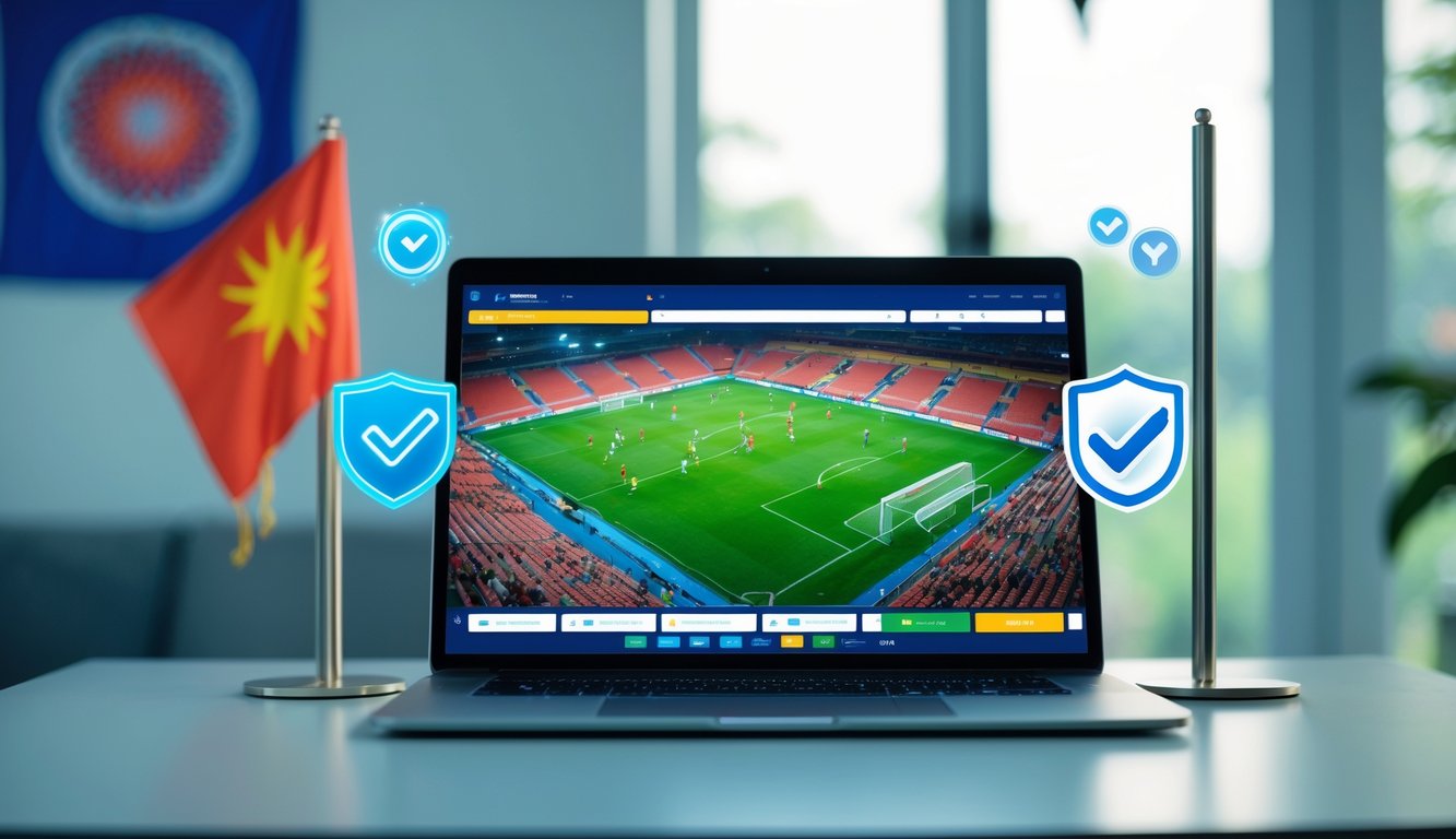 Seorang pria menggunakan laptop di meja kerja dengan pertandingan sepak bola yang sedang berlangsung di layar, dikelilingi oleh simbol keamanan dan elemen budaya Indonesia.