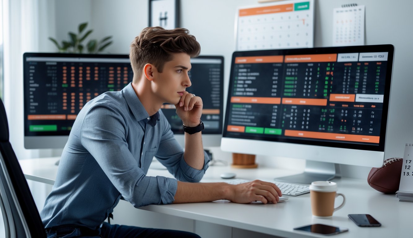 Seorang pria muda duduk di meja dengan beberapa monitor komputer yang menampilkan statistik pertandingan sepak bola dan peluang taruhan, sedang fokus menganalisis data di ruang kerja modern.