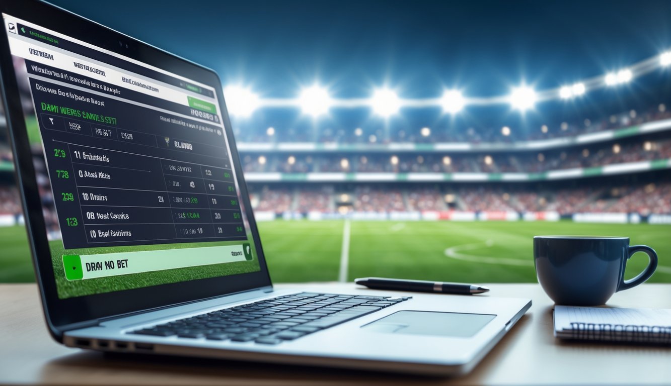 Seorang pria menggunakan laptop dan ponsel untuk memasang taruhan sepak bola online dengan latar belakang stadion sepak bola yang ramai.
