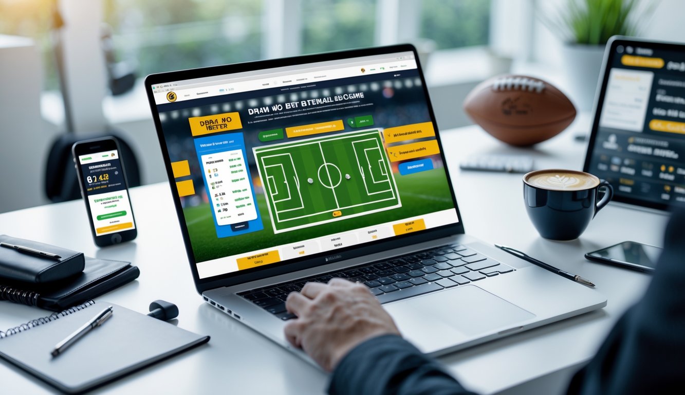Meja kerja dengan laptop yang menampilkan situs taruhan bola online, ponsel dengan aplikasi taruhan, dan bola sepak di latar belakang.