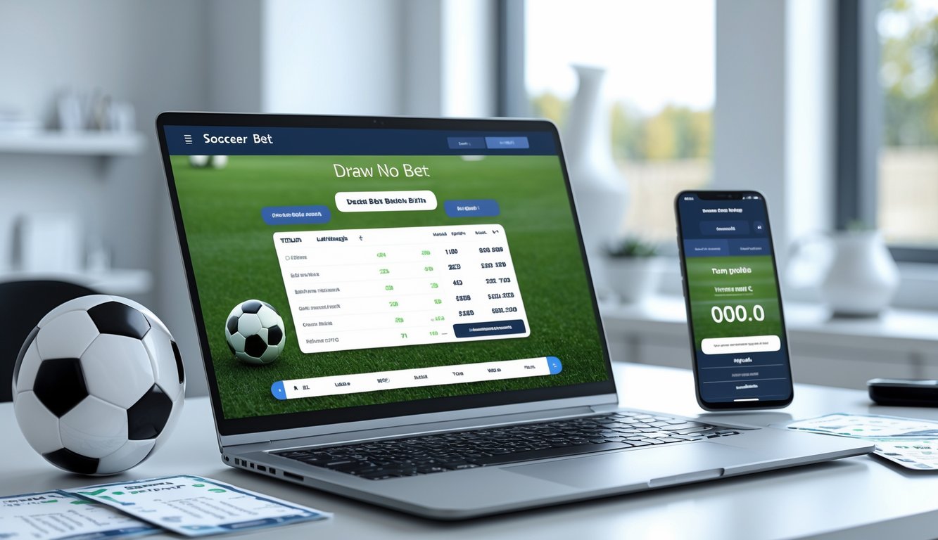 Seorang pengguna sedang melihat layar komputer dengan tampilan antarmuka taruhan sepak bola online, di meja terdapat bola sepak dan ponsel yang menampilkan data taruhan.