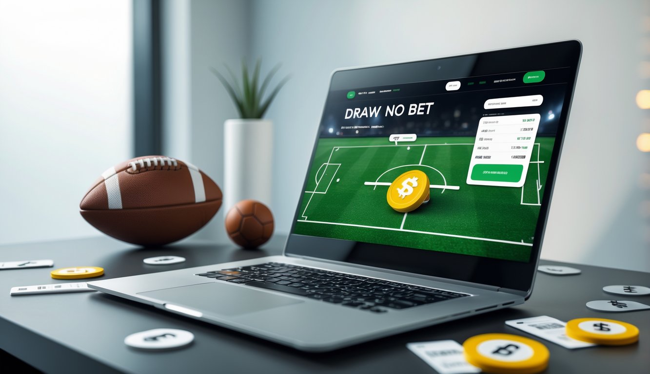 Laptop di meja dengan tampilan situs taruhan bola online, bola sepak, dan elemen terkait taruhan di sekitarnya.