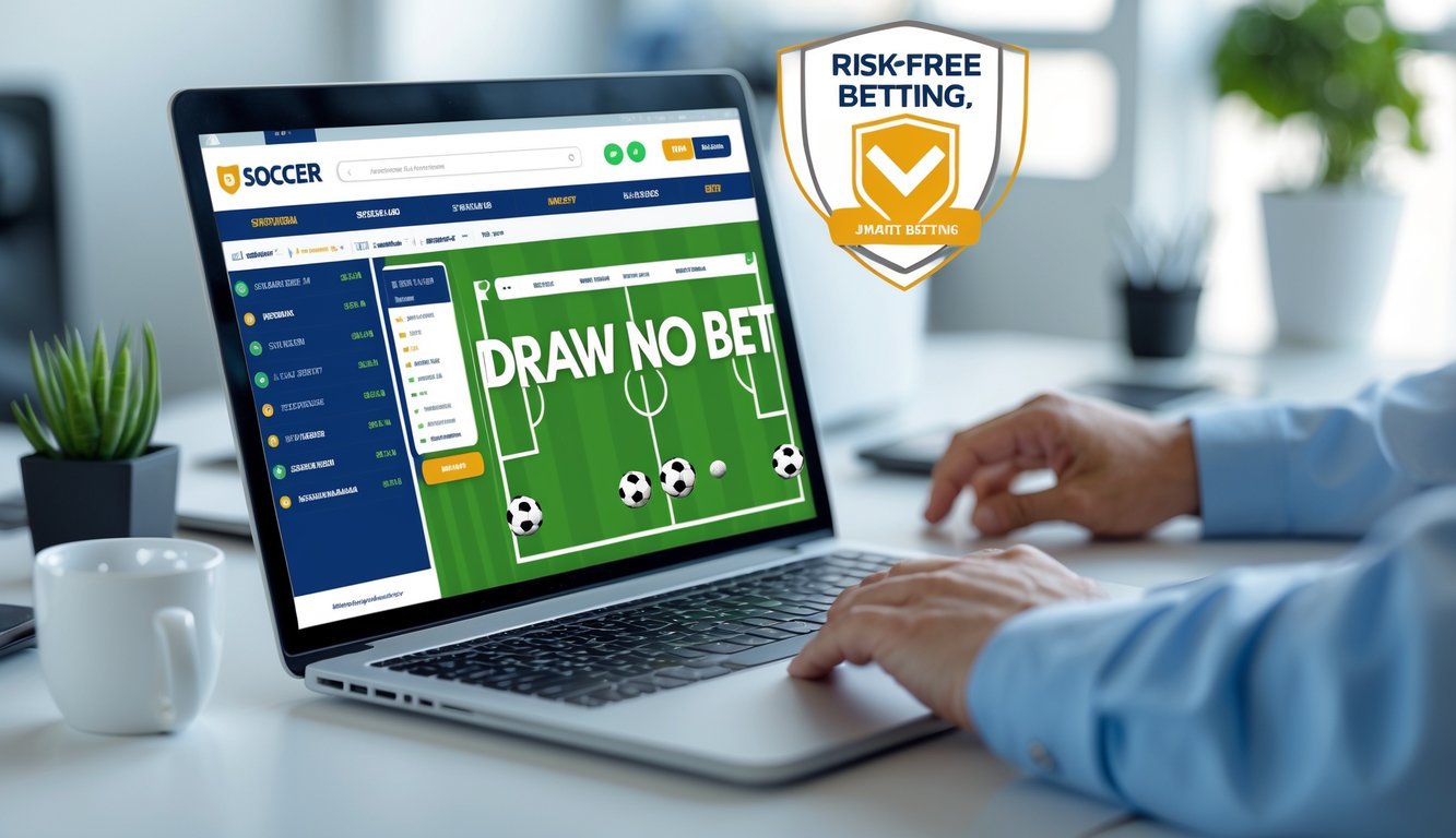 Seseorang sedang melihat layar komputer yang menampilkan antarmuka taruhan sepak bola online dengan opsi Draw No Bet, di ruangan kantor yang terang.