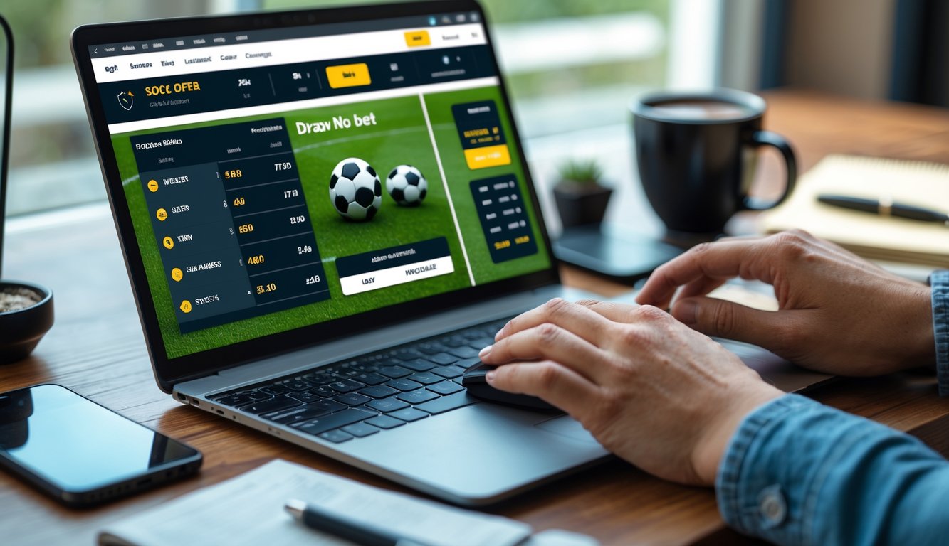 Seseorang menggunakan laptop di meja kerja dengan tampilan situs taruhan sepak bola online di layar.