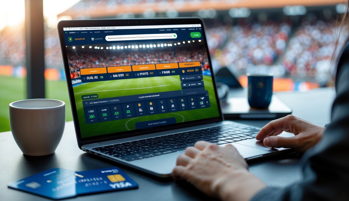 Seorang pengguna duduk di depan laptop dengan layar menampilkan antarmuka taruhan sepak bola, dikelilingi oleh ponsel dan kartu pembayaran, dengan latar belakang stadion sepak bola yang ramai.