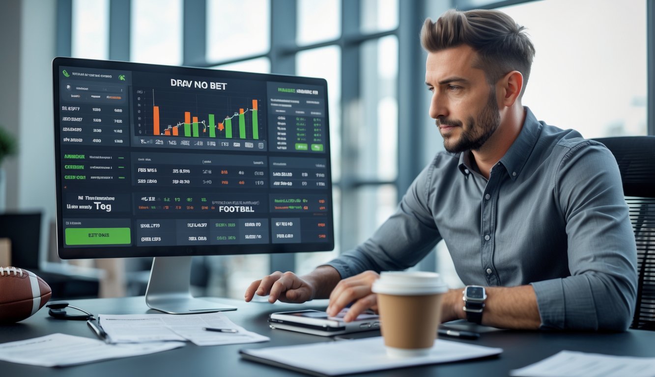 Seorang pria sedang menganalisis strategi taruhan sepak bola di depan laptop dengan layar besar menampilkan statistik pertandingan dan peluang taruhan.