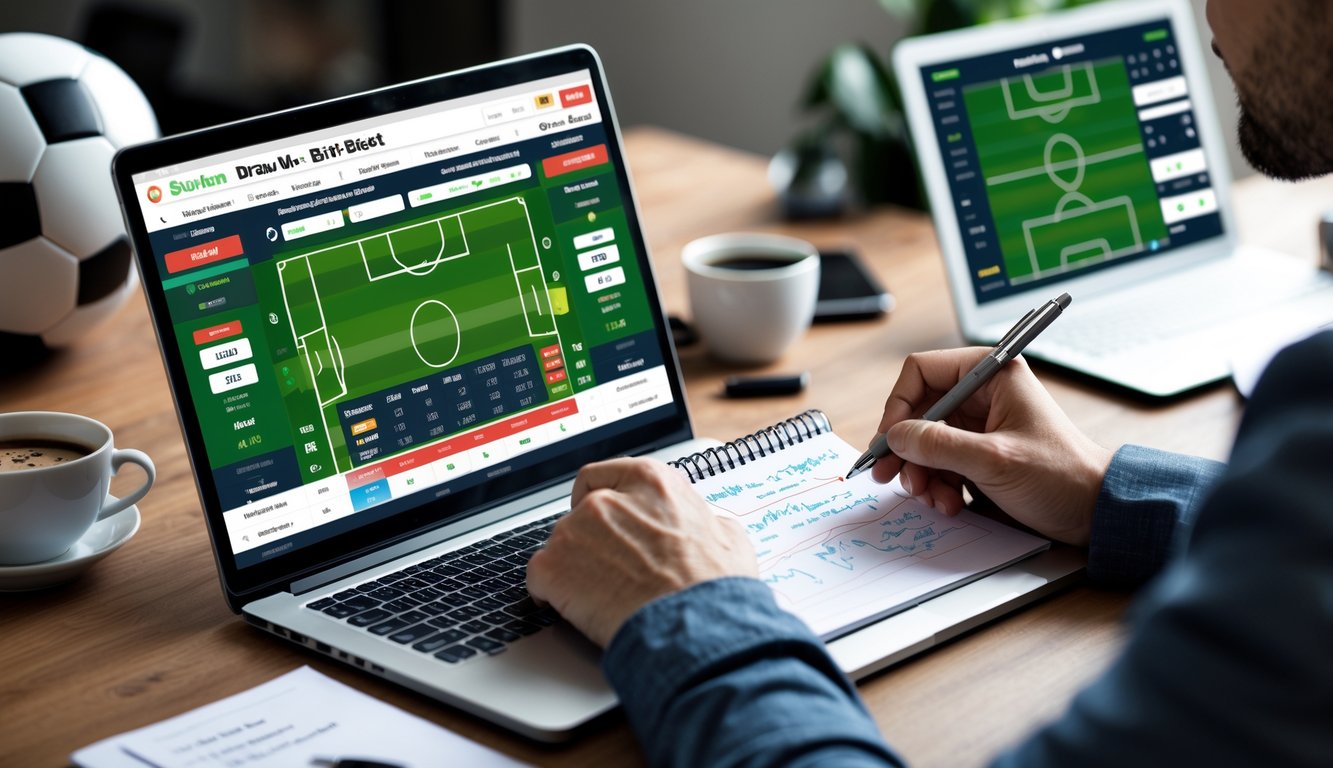 Seorang pria sedang menganalisis strategi taruhan sepak bola dengan laptop dan catatan di meja kerja.