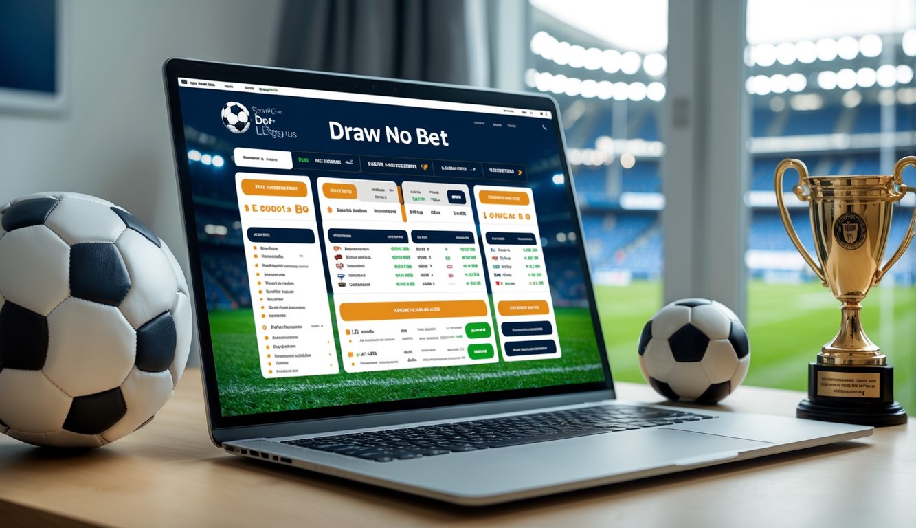 Seseorang menggunakan laptop dengan layar menampilkan antarmuka taruhan sepak bola online, dikelilingi bola sepak dan latar belakang stadion sepak bola.