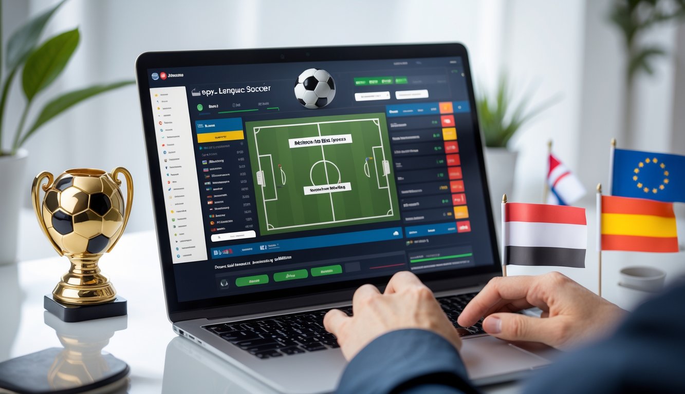 Seseorang menggunakan komputer dengan tampilan situs judi bola online yang menampilkan pasar Draw No Bet dan simbol sepak bola liga top Eropa di meja kerja.