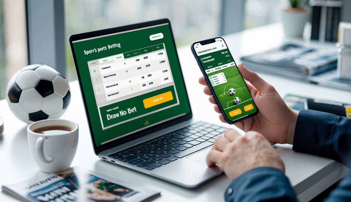 Seseorang menggunakan laptop dan ponsel untuk memasang taruhan judi bola online dengan latar meja kerja yang rapi dan bola sepak kecil di atas meja.