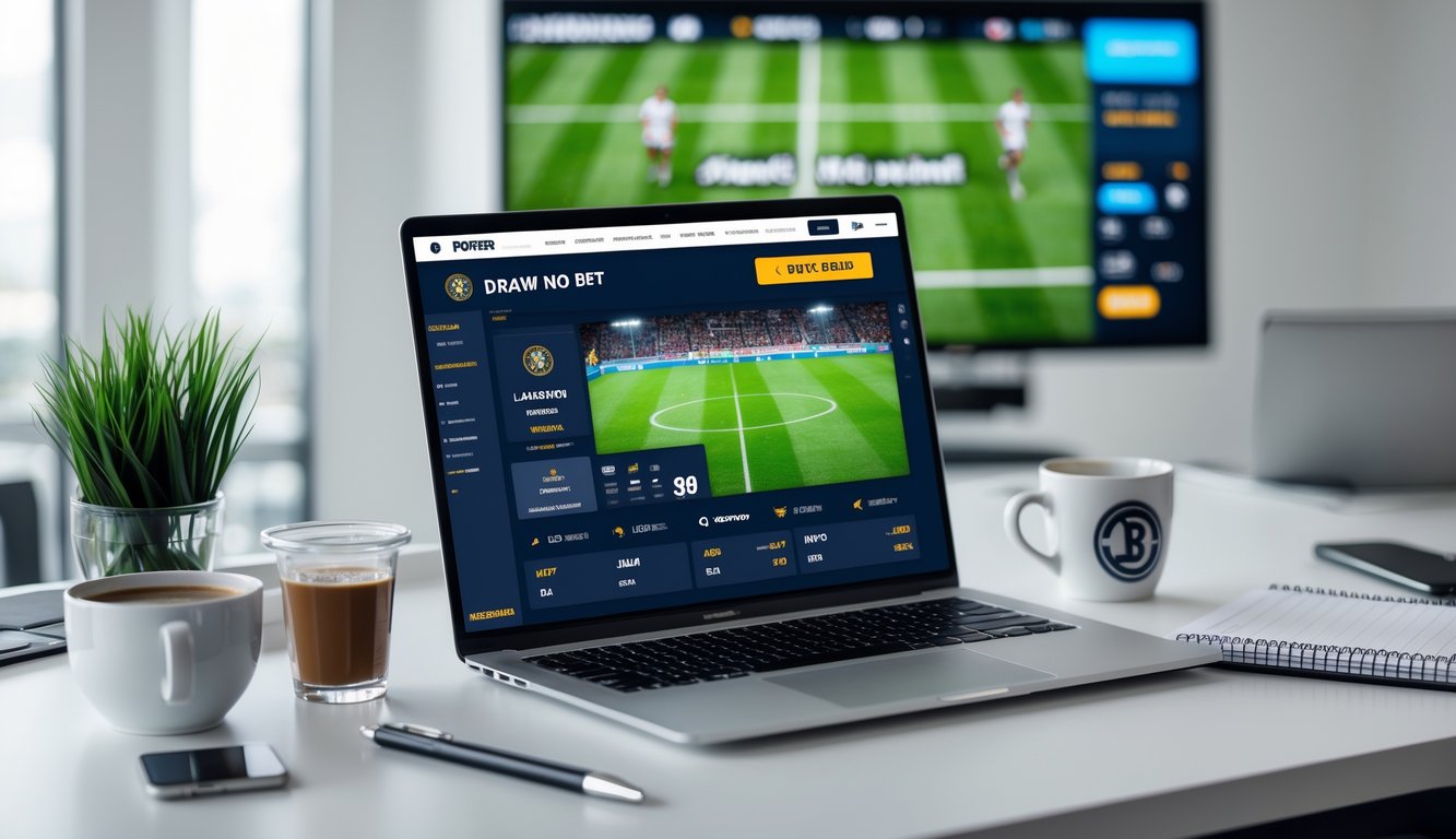 Seorang pengguna duduk di depan laptop dengan tampilan situs judi bola online dan layar besar menampilkan pertandingan sepak bola secara langsung.